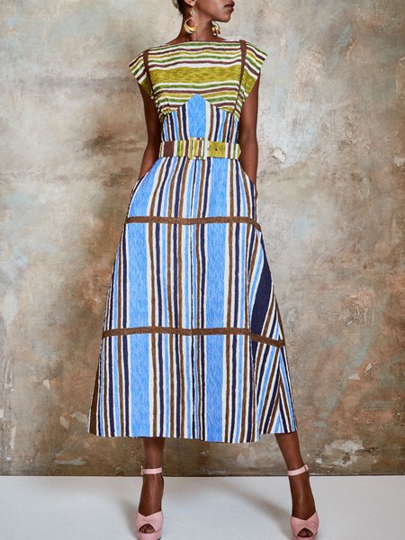 

Boat Neck Sleeveless Woven Midi Dress, Blue, Maxi Dresses