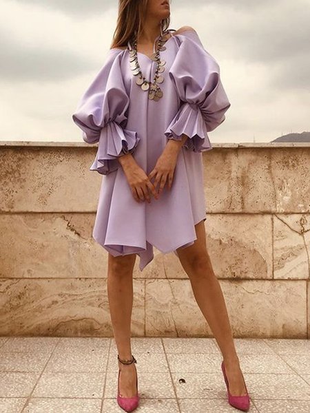 

Plain Cute Long Sleeve Woven Mini Dress, Purple, Mini Dresses