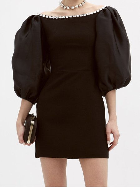 

Solid Elegant Regular Fit Half Sleeve Mini Dress, Black, Mini Dresses