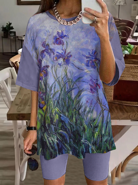 

Floral Loosen Casual Two Piece Sets, Purple, Suit Set