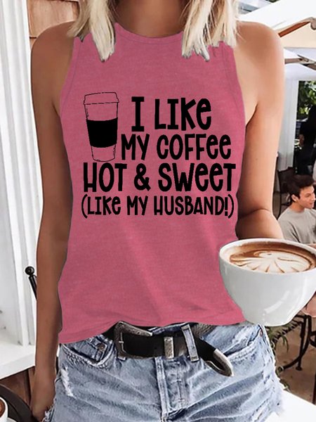 

I Like My Coffee Casual Letter Knit Tank, Pink, Tank Tops