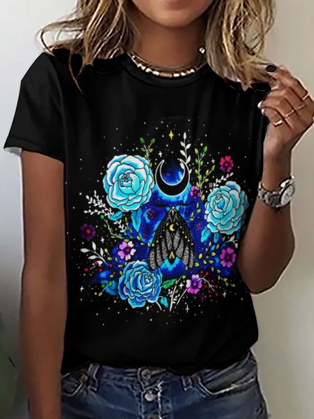 

Casual Vintage Floral Butterfly Print Crew Neck T-Shirt, Black, T-shirts