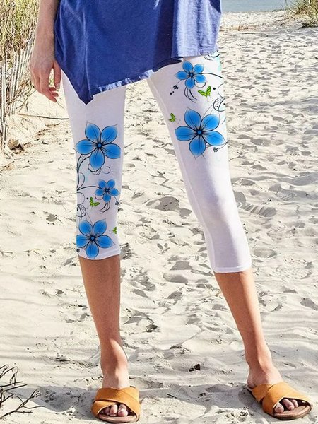 

Casual Floral Elastic Waist Cropped Leggings, White, Leggings