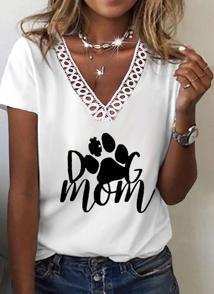 

Letter Animal Printed Casual Loosen V Neck Short Sleeve T-Shirt, White, T-Shirts