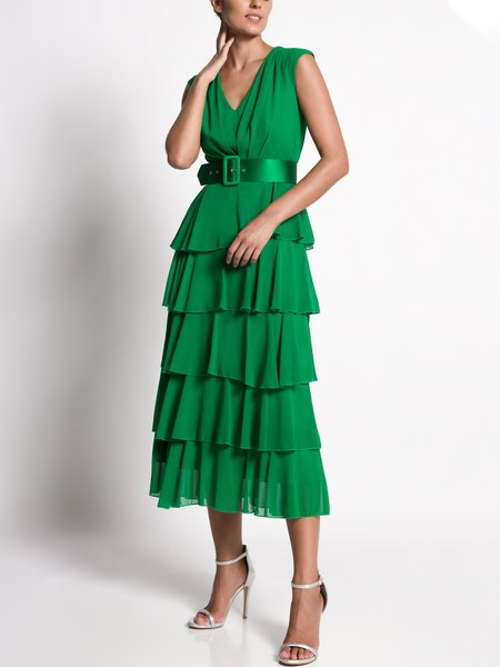 

Elegant Sleeveless Regular Fit V Neck Midi Dress, Green, Midi Dresses
