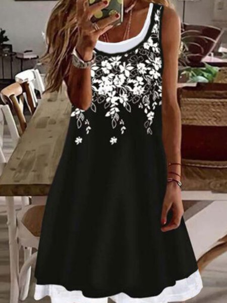 

Crew Neck Cotton Blends Sleeveless Knit Dress, Black, Mini Dresses