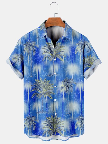 

Coconut Tree Graphic Men's Casual Hawaiian Short Sleeve Shirt, Blue, Men's Floral shirt