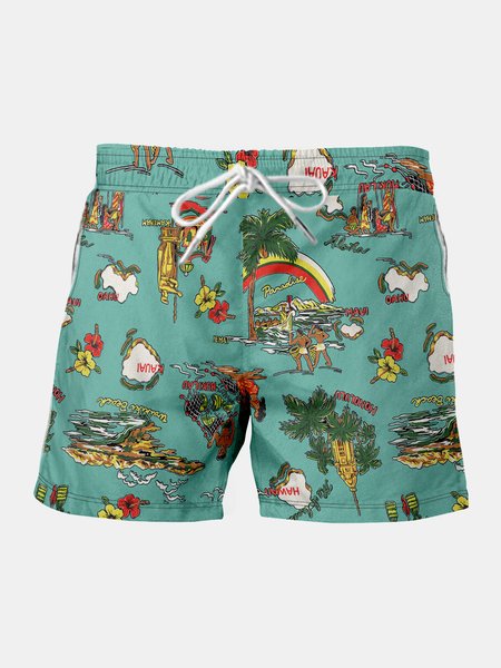 

Hawaiian Graphic Men's Casual Beach Shorts, Green, Men's shorts
