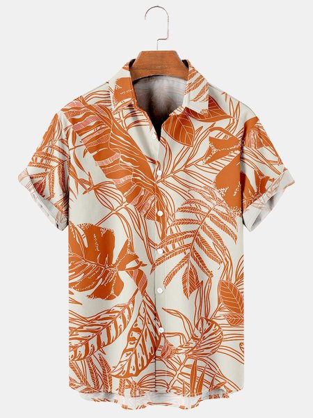 

Tropical Plant Graphic Men's Casual Hawaiian Short Sleeve Shirt, Orange, Men's Floral shirt