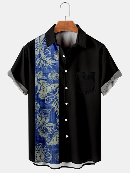 

Mens Retro Leaves Print Lapel Loose Chest Pocket Short Sleeve Funky Hawaiian Shirts, Black, Men's Floral shirt