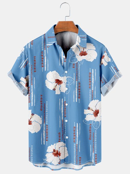 

Hibiscus Graphic Men's Casual Hawaiian Short Sleeve Shirt, Blue, Men's Floral shirt