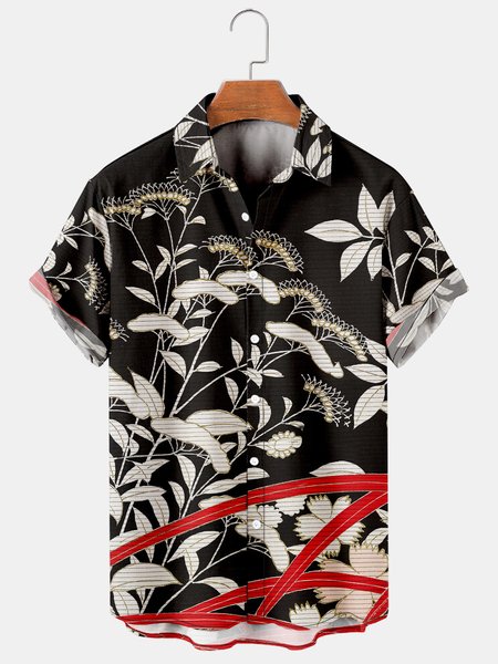 

Japanese Traditional Graphic Men's Casual Short Sleeve Shirt, Black, Men's Floral shirt