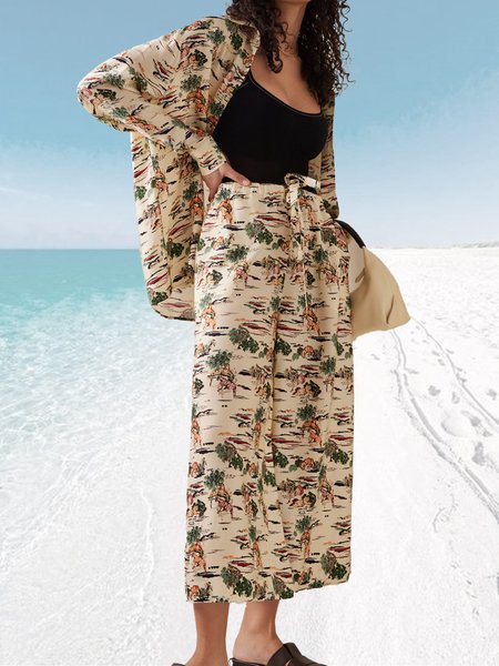 

Floral Shirt Collar Loosen Two Piece Sets, Khaki, Two-piece Outfits