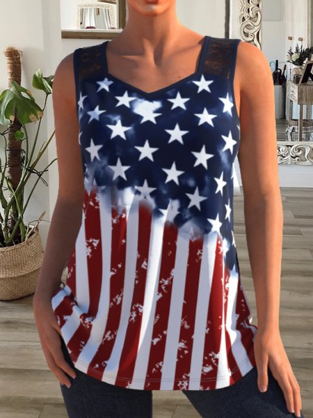 

Casual American Flag Sleeveless V Neck Plus Size Printed Tank Top Vests, Multicolor, Tank Top