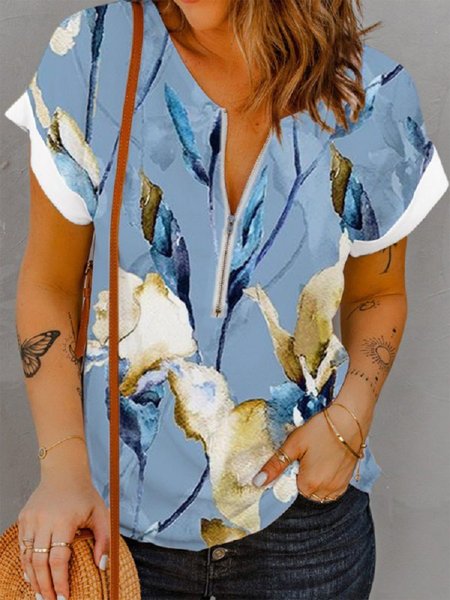 

V Neck Floral Casual Short Sleeve Blouse, Blue, Shirts & Blouses
