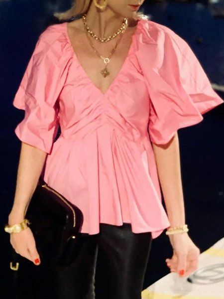 

Solid V Neck Casual Short Sleeve Blouse, Pink, Blouses and Shirts