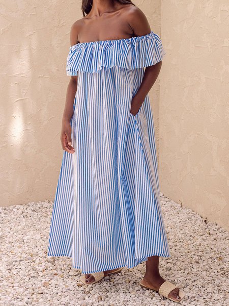 

Vacation Short Sleeve Boat Neck Striped Dress, Blue, Maxi Dresses
