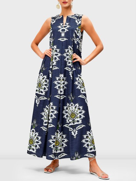 

Daily Floral Vacation V Neck Sleeveless Woven Dress, Blue, Maxi Dresses