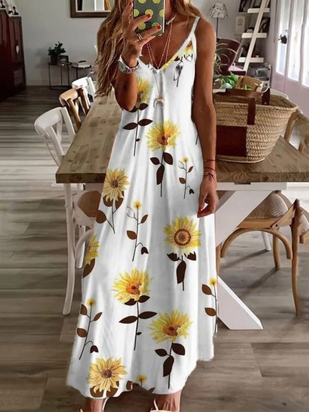 

Sunflower Boho Spaghetti V Neck A-line Loosen Dress, White, Maxi Dresses