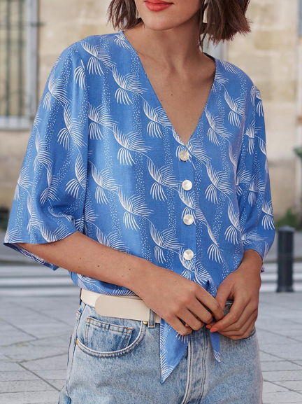 

Casual Plants V Neck Mid Sleeve Blouse, Blue, Shirts & Blouses