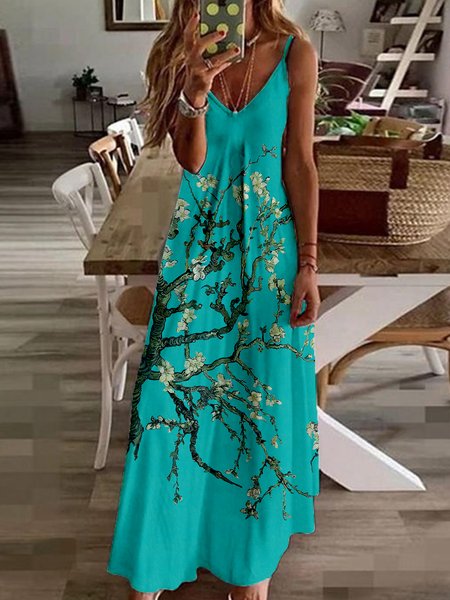 

Green Print Sleeveless V-neck Casual A Line Maxi Dresses, Blue, Dresses