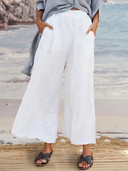

Casual cotton hemp wide leg 9 pants, White, Pants