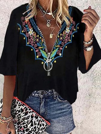 

Tribal Loosen Casual Short Sleeve Tops, Black, Shirts & Blouses