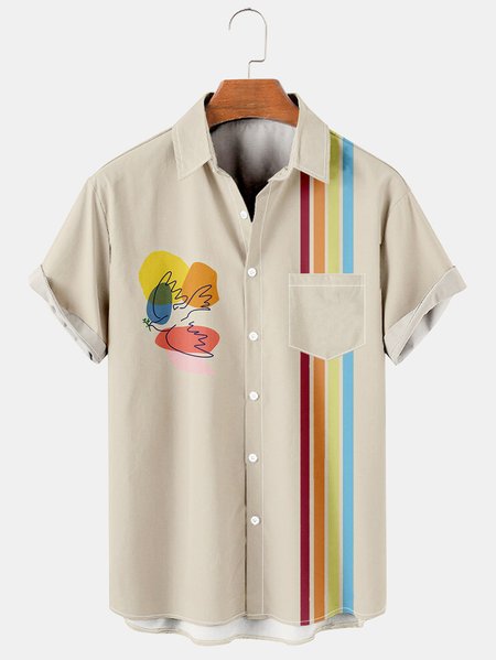 

Mens Peace Print Casual Breathable Short Sleeve Shirt, Apricot, Men's Floral shirt