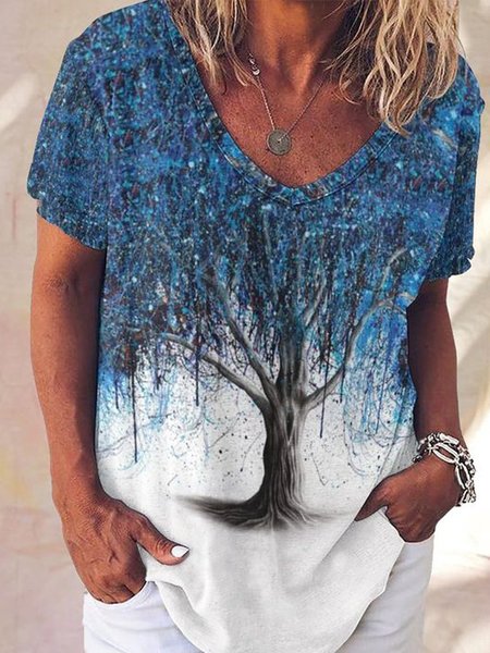 

Plants Printed Loosen Casual V Neck Short Sleeve T-Shirt, Flower, T-Shirts