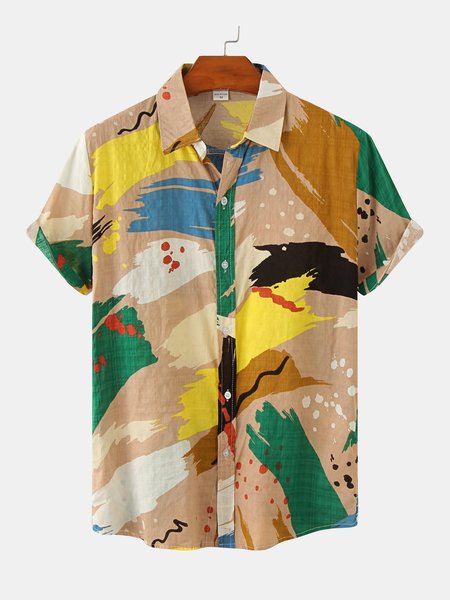 

Vacation Short Sleeve Geometric Cotton Blends Short Sleeve Shirt, Yellow, Shirts ＆ Blouse