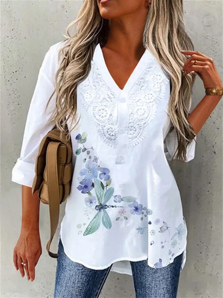 

Dragonfly Printed V Neck Loose Long Sleeve Tunic Blouse, White, Shirts