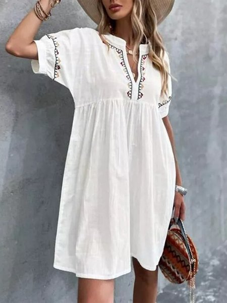 

Cotton Vacation Shirt Sleeve Tribal Short Sleeve Woven Dress, White, Dresses