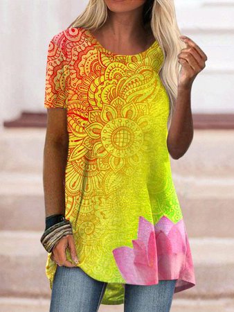 

Crew Neck Tribal Loosen Short Sleeve Tops, Yellow, T-Shirts