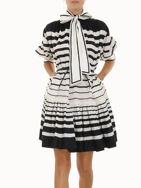 

Vacation Tie Neck Puff Sleeve Regular Fit Short Sleeve Woven Dress, Black-white, Mini Dresses