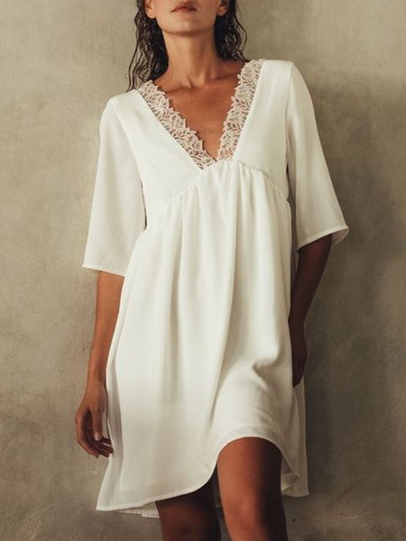 

V neck Solid Vacation Half sleeve Woven Dress, Beige, Mini Dresses