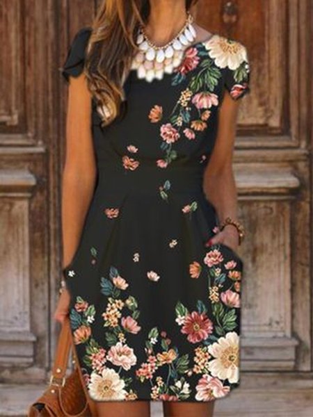 

Floral Crew Neck Vacation Short Sleeve Knit Dress, Black, Dresses