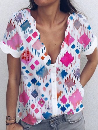 

Geometric Casual Short Sleeve Tops, Multicolor, Shirts & Blouses