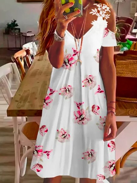 

Loosen Floral V Neck Short Sleeve Knit Dress, As picture, Mini Dresses