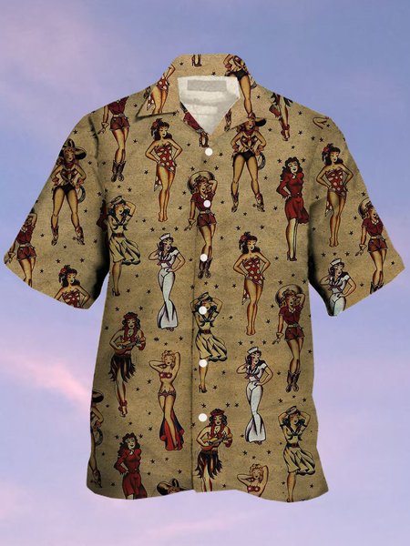 

Men's Retro Casual Breathable Short Sleeve Hawaiian Shirt, Deep khaki, Men's Floral shirt