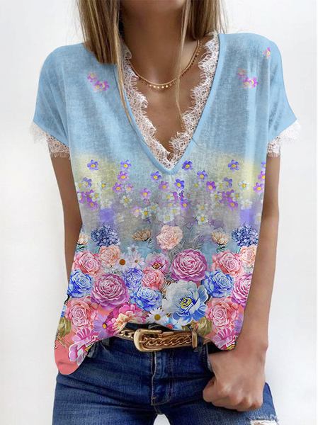

Floral Casual V Neck Short Sleeve T-Shirt, Blue, T-Shirts