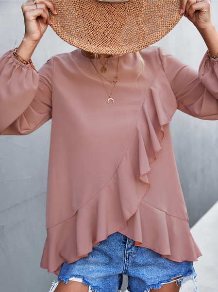 

Loosen Cotton Blends Plain Casual Long Sleeve Tops, Dusty pink, Shirts & Blouses