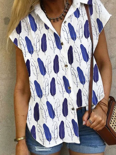 

Feather Printed Casual Loosen Shirt Collar Short Sleeve Blouse, Flower, Blouses & Shirts