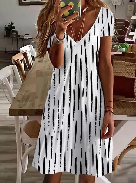

JFN V Neck Striped Casual Midi Dress, Black-white, Dresses