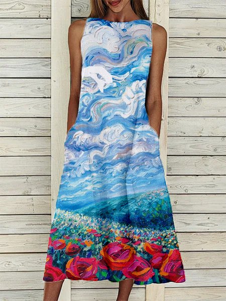 

Casual Vacation Printed Round Neck Sleeveless Midi Dresses, Blue, Dresses