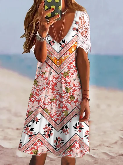 

V neck Tribal Vacation Short Sleeve Knit Dress, Multicolor, Dresses