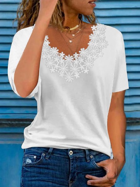 

Plain no pattern loose lace top T-shirt Plus Size, White, T-Shirts