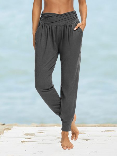 

Ruched Elastic waist Plain Pockets Sports Pants, Deep gray, Pants