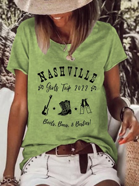 

Nashville Girl's Trip Casual Loosen Crew Neck Short Sleeve T-Shirt, Green, T-shirts