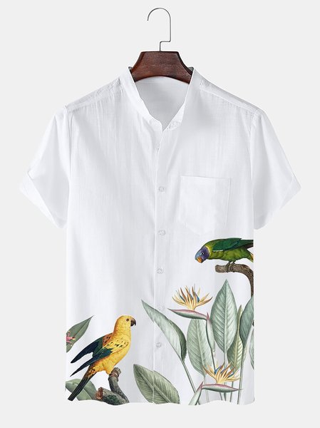 

Stand Collar Casual Short Sleeve Short Sleeve T-Shirt, White, Men's Floral shirt
