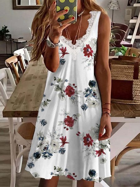 

Lace V Neck Sleeveless Floral Knitting Dresses, White, Dresses